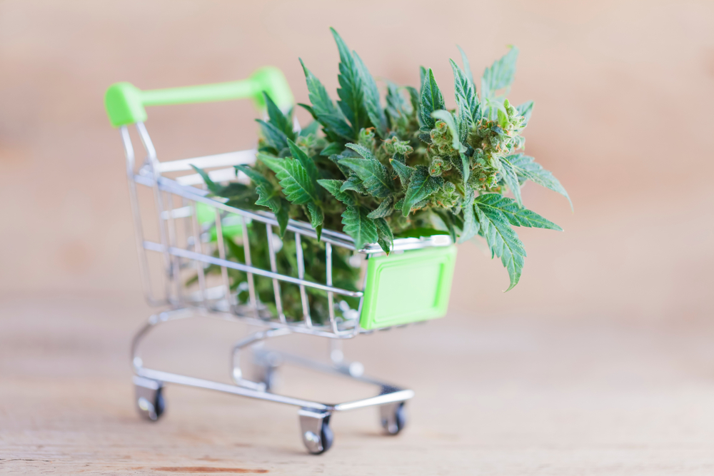 shopping cart with marijuana being bought on green wednesday with deals and discounts for holiday shopping